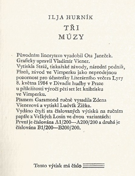 Ilja Hurník: Tři múzy - orig. lino Ota Janeček