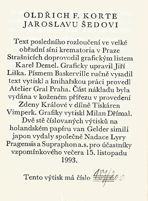 Oldřich F. Korte: Jaroslavu Šedovi - pův. grafika Karel Demel