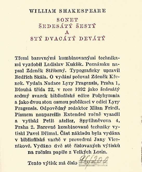 William Shakespeare: Sonety - pův. grafiky Ladislav Kuklík