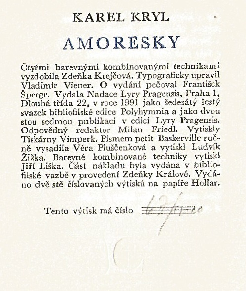 Karel Kryl: Amoresky - pův. grafiky Zdeňka Krejčová