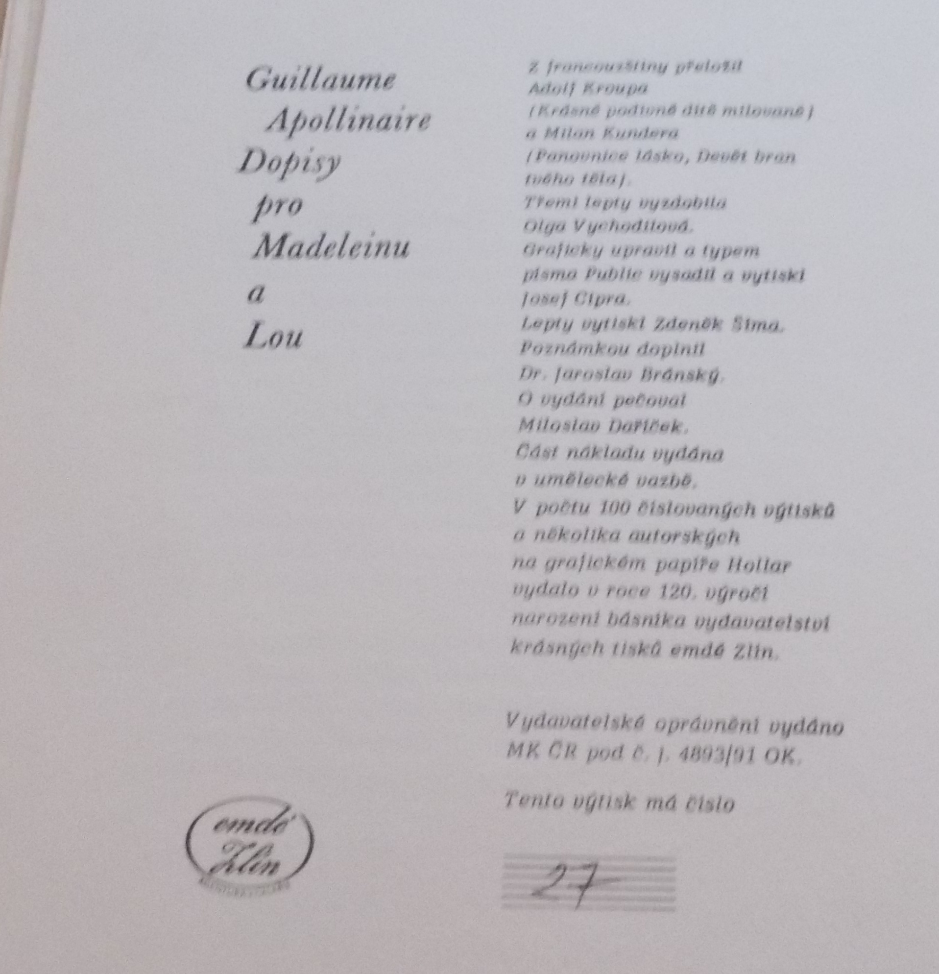 Guillaume Apollinaire: Dopisy pro Madeleinu a Lou