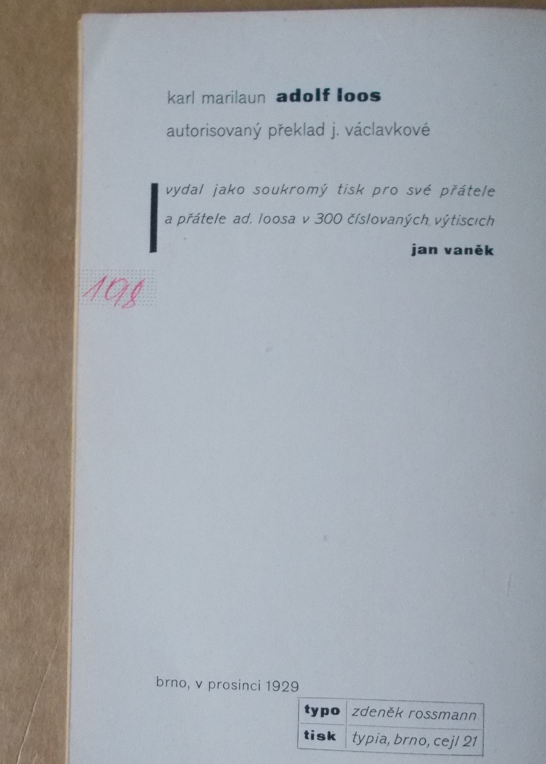 Karl Marilaun: Evropan Adolf Loos - typo Z. Rossmann