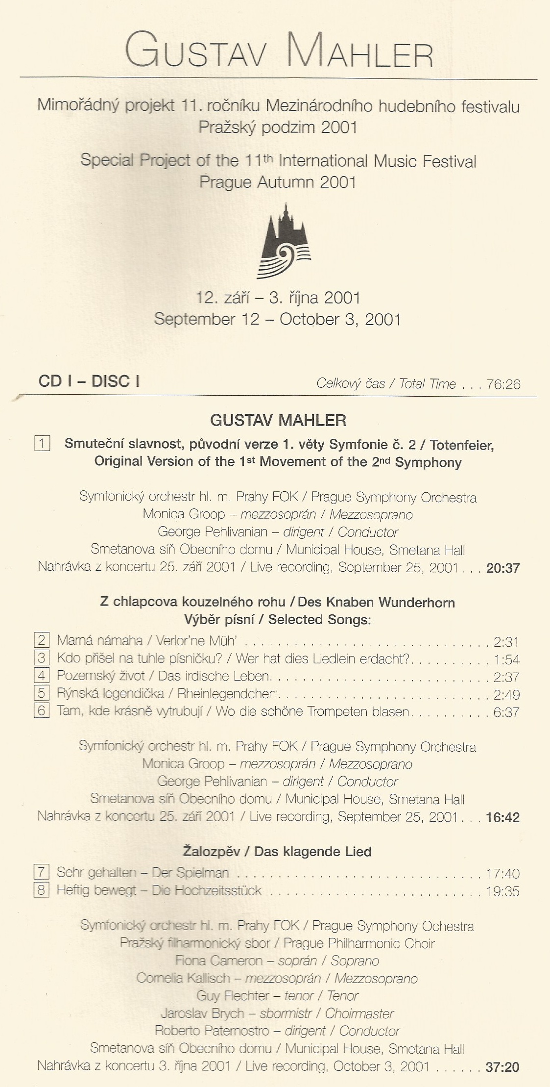 Gustav Mahler - mimořádný projekt Pražský podzim 2001 2 CD