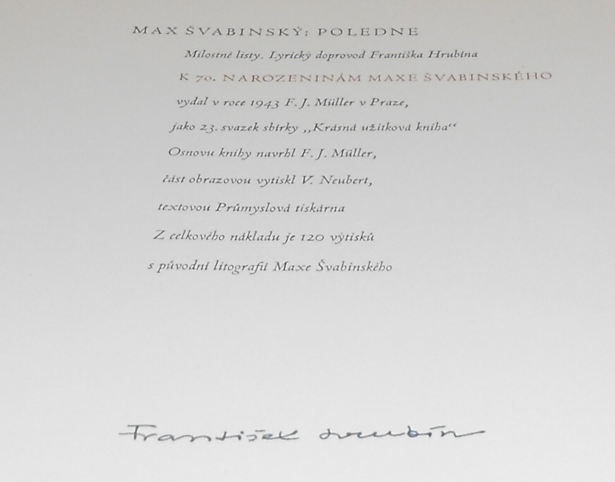 Max Švabinský, František Hrubín: Poledne - s originální litografií