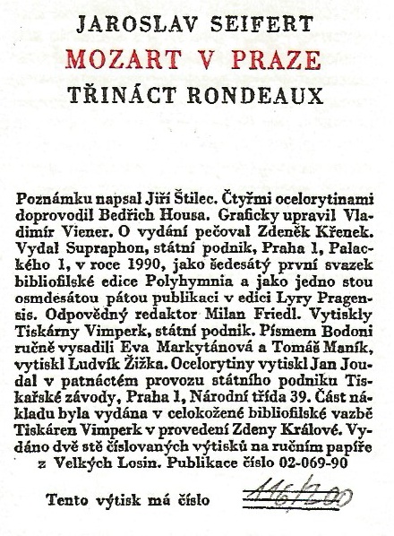 Jaroslav Seifert: Mozart v Praze - ocelorytiny B. Housa
